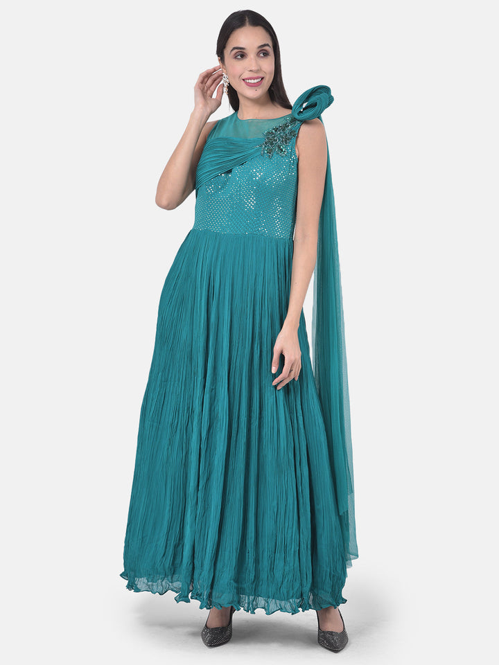 Neerus Green georgette solid gown - detail view 3