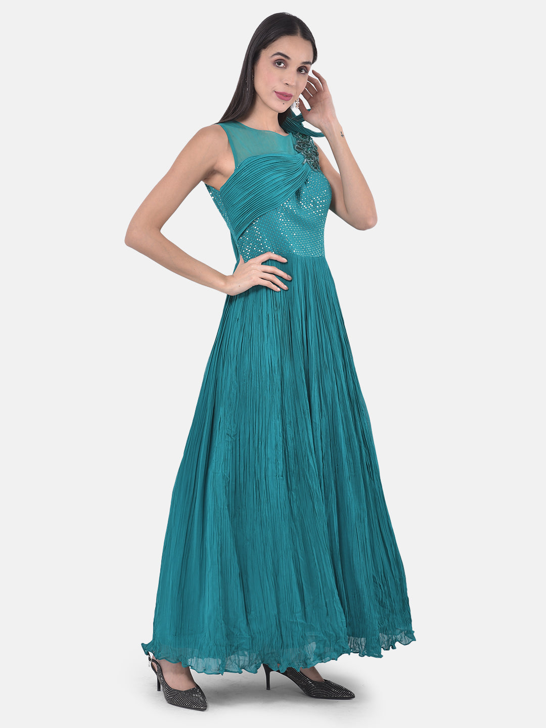 Neerus Green georgette solid gown - back view
