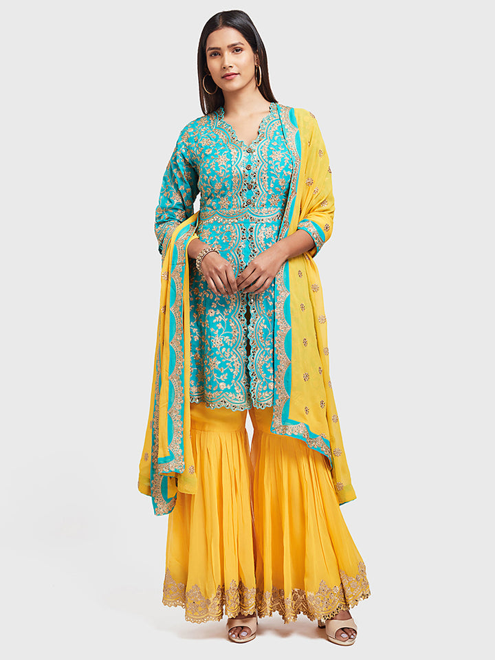 Neerus Blue Embellished Anarkali Kurta Set with Palazzo and Dupatta - detail view 3