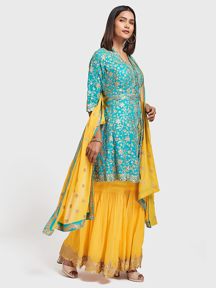 Neerus Blue Embellished Anarkali Kurta Set with Palazzo and Dupatta - front view