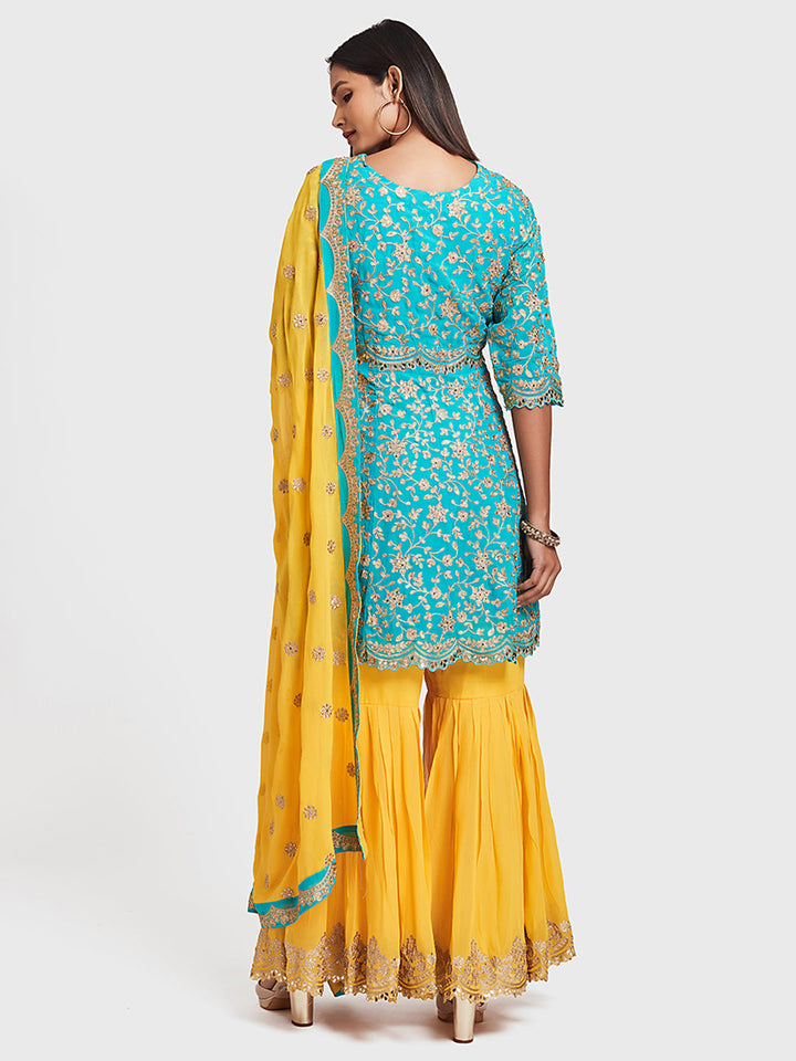 Neerus Blue Embellished Anarkali Kurta Set with Palazzo and Dupatta - back view