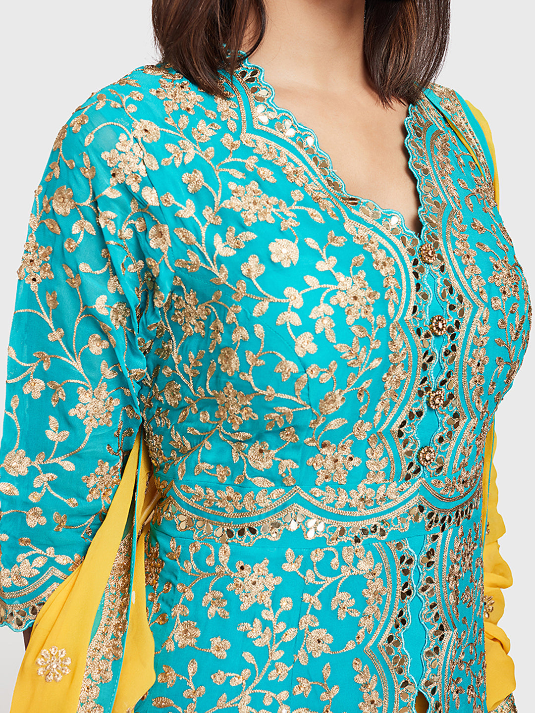 Neerus Blue Embellished Anarkali Kurta Set with Palazzo and Dupatta - side view