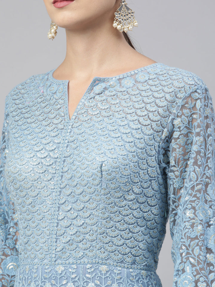 Neerus Blue net embroidered gown - detail view 19