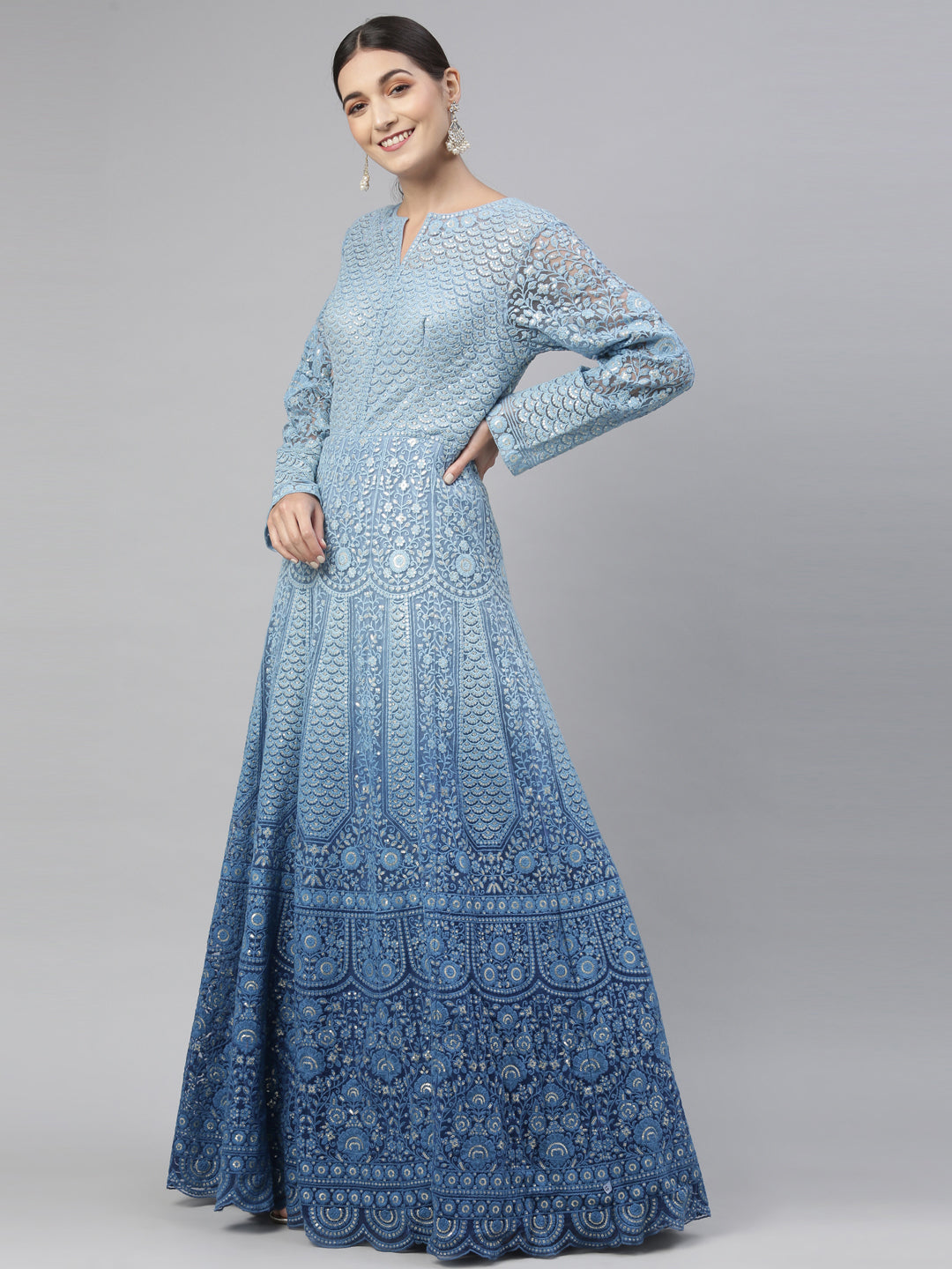 Neerus Blue net embroidered gown - detail view 4