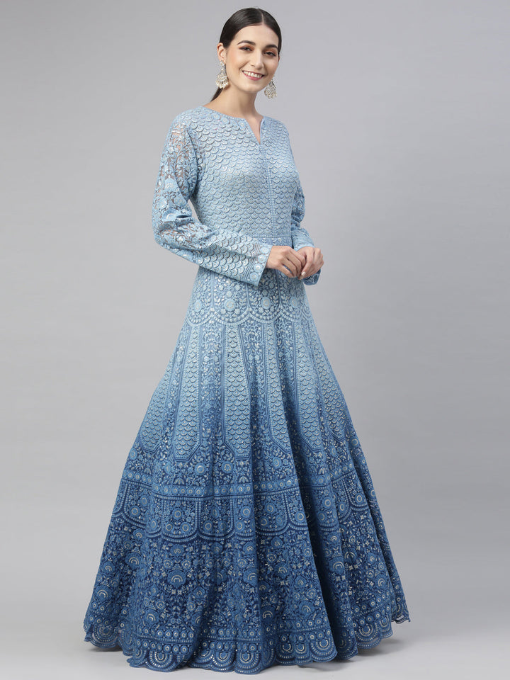 Neerus Blue net embroidered gown - detail view 5