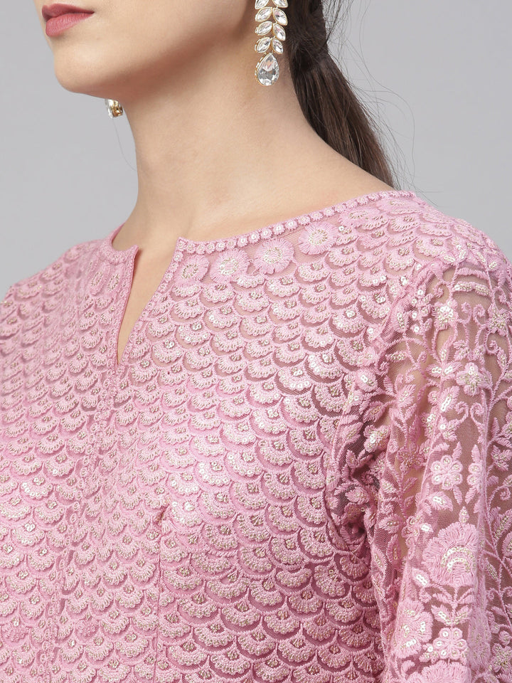 Neerus Pink net embroidered gown - detail view 19