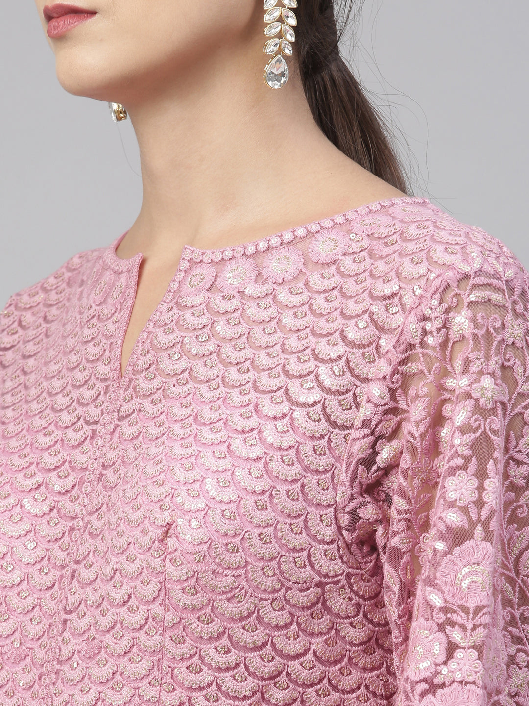 Neerus Pink net embroidered gown - back view