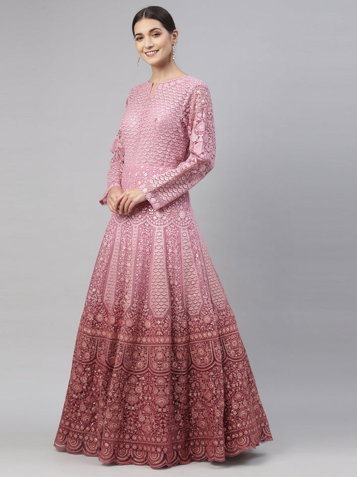 Neerus Pink net embroidered gown - detail view 3