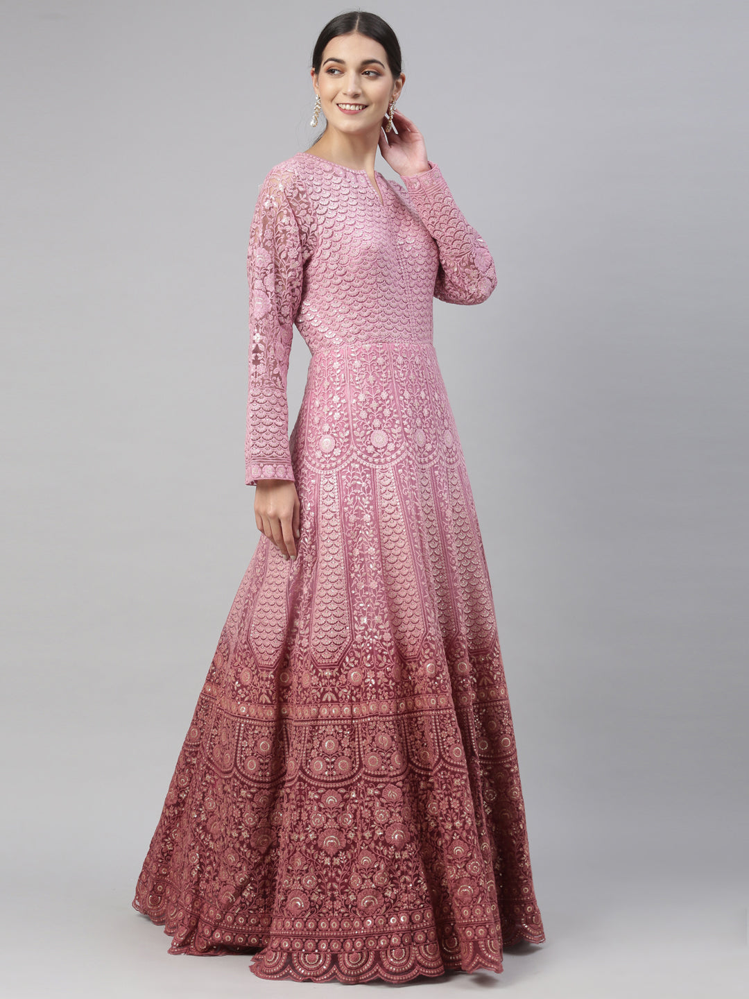 Neerus Pink net embroidered gown - detail view 4