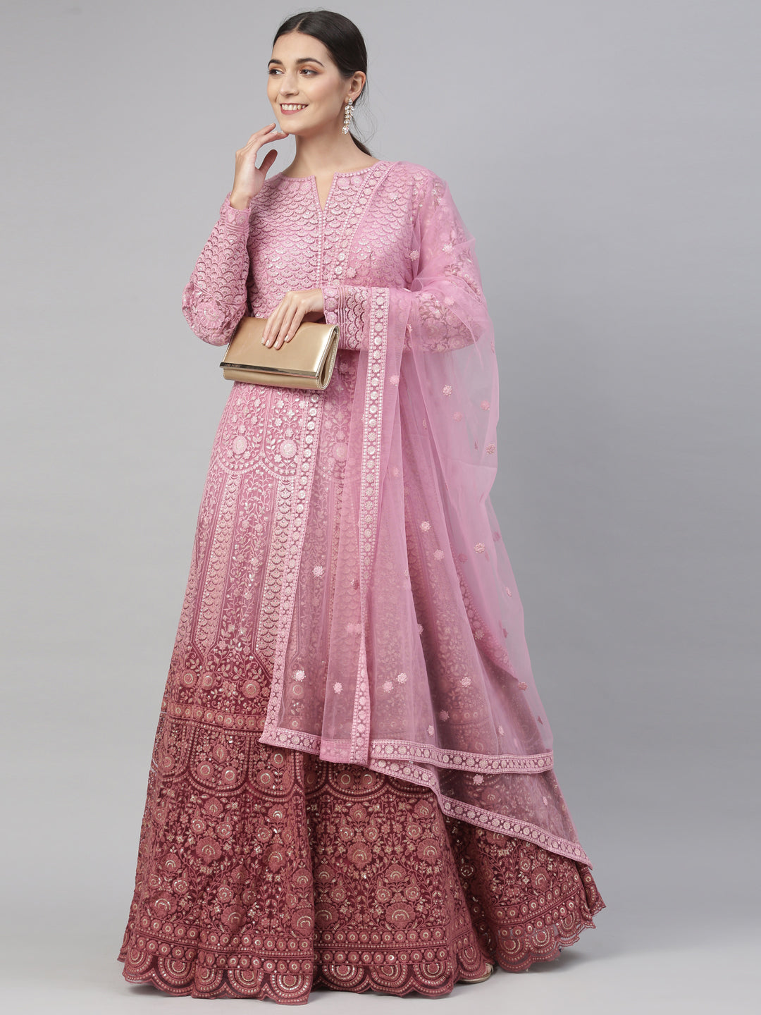 Neerus Pink net embroidered gown - detail view 16