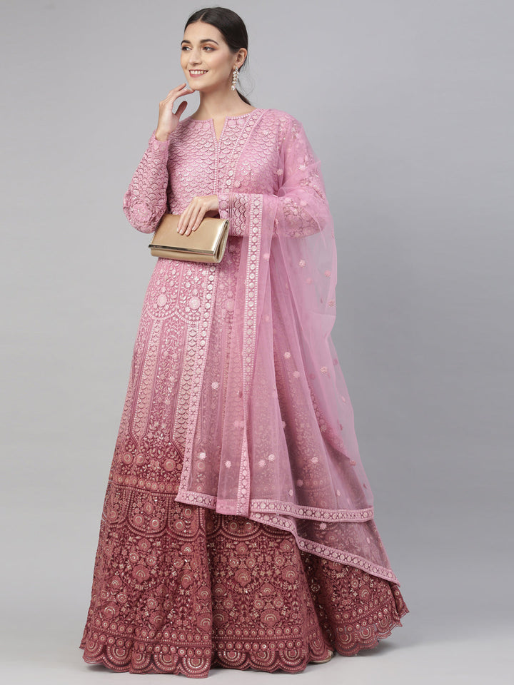 Neerus Pink Color Nett Fabric Gown