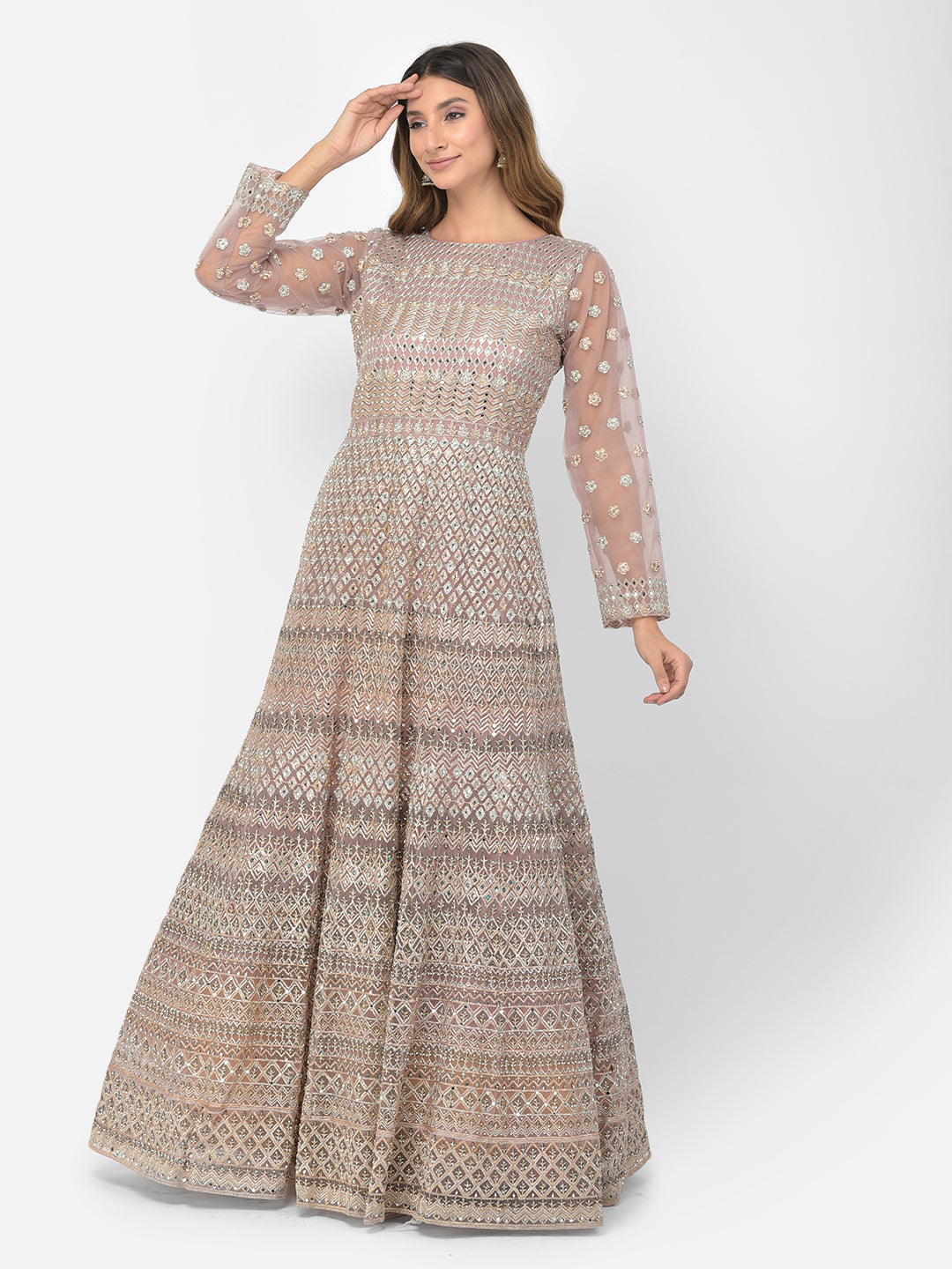 Neerus Pink net embroidered gown - front view