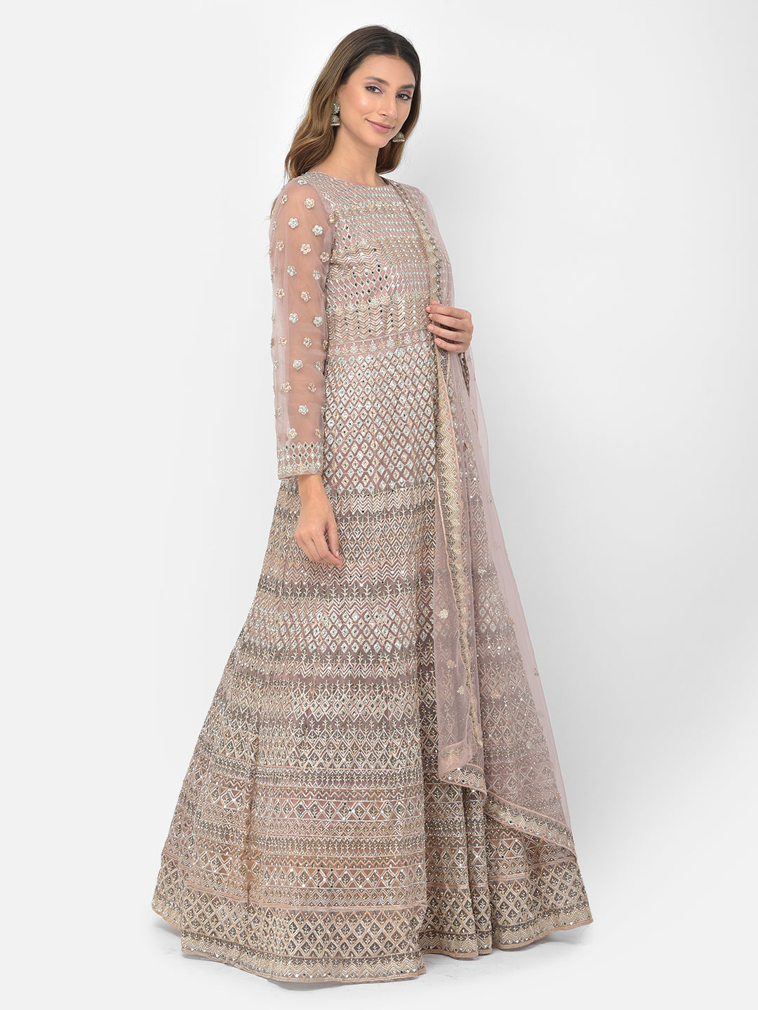 Neerus Pink net embroidered gown - side view