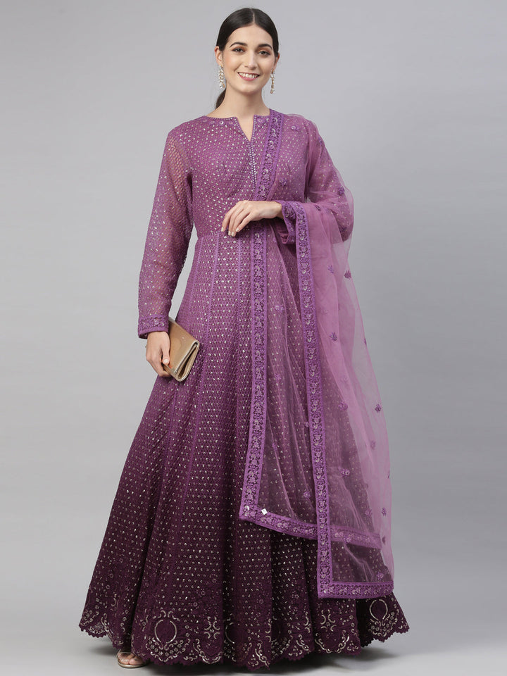Neerus Purple Color Nett Fabric Gown