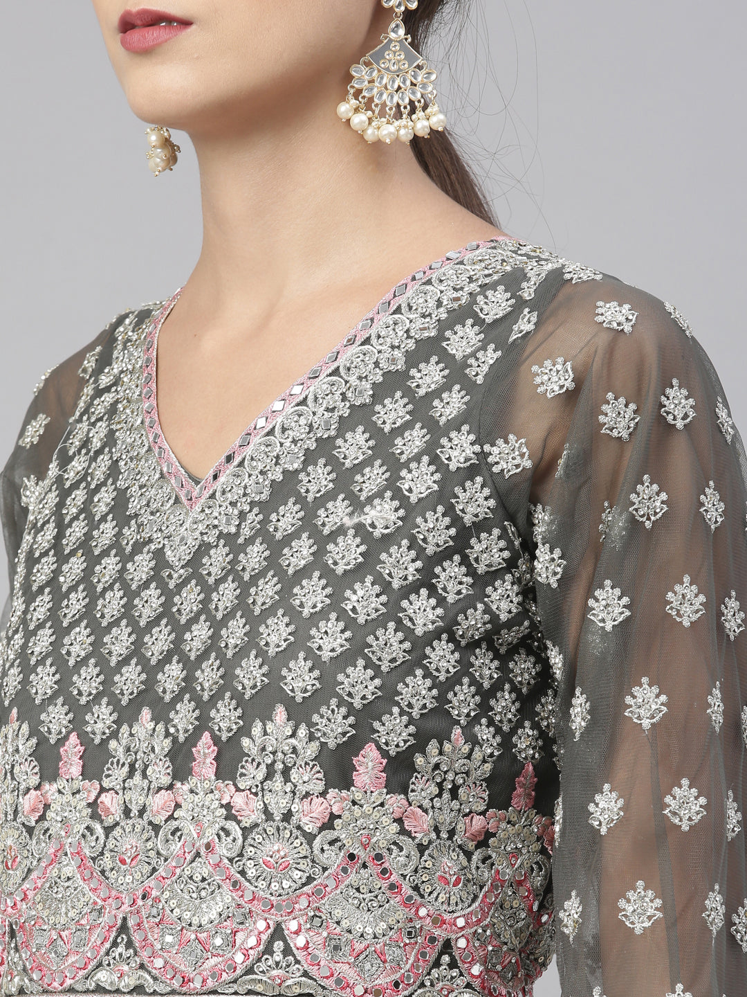 Neerus Green net embroidered gown - side view