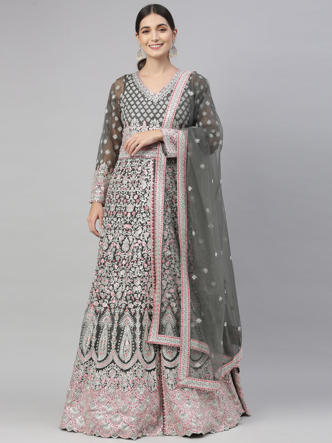 Neerus Green net embroidered gown - back view