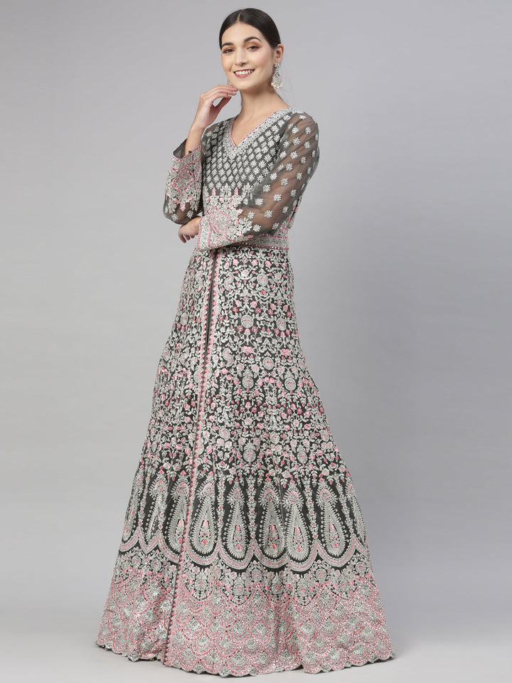 Neerus Green net embroidered gown - detail view 4