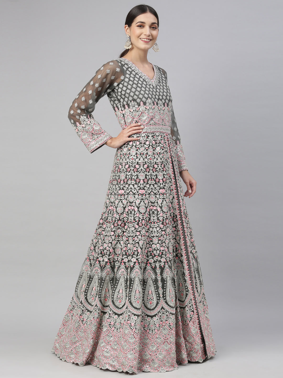 Neerus Green net embroidered gown - detail view 5