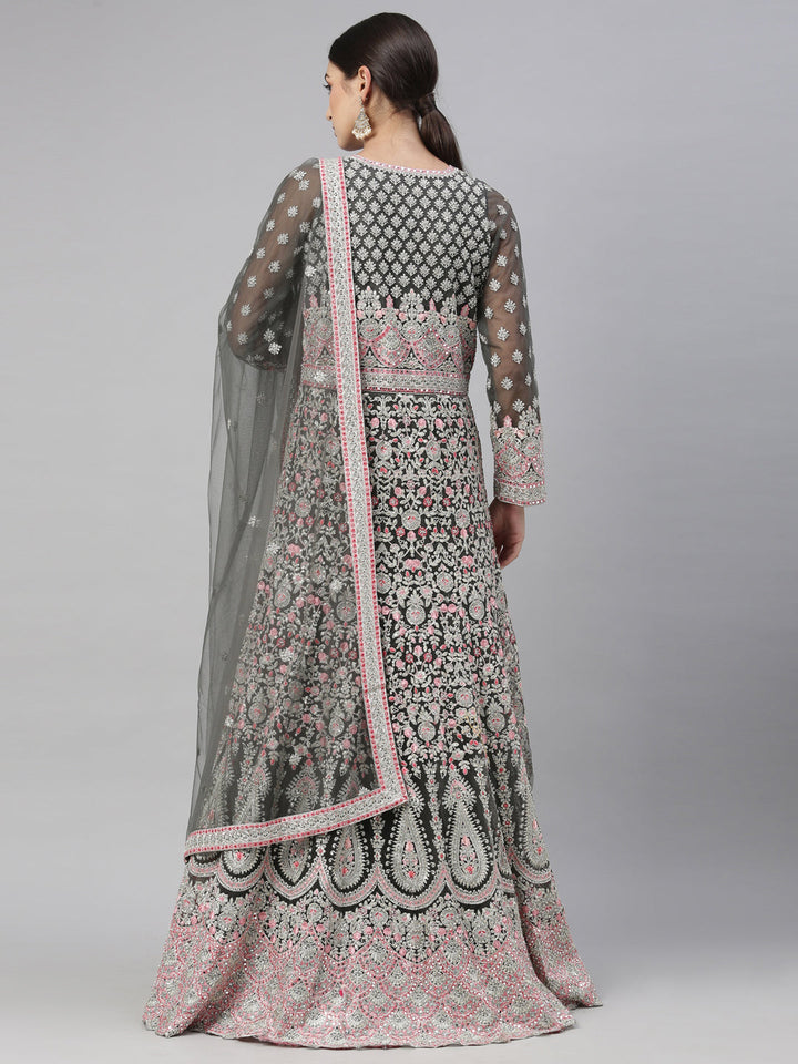 Neerus Green net embroidered gown - detail view 6