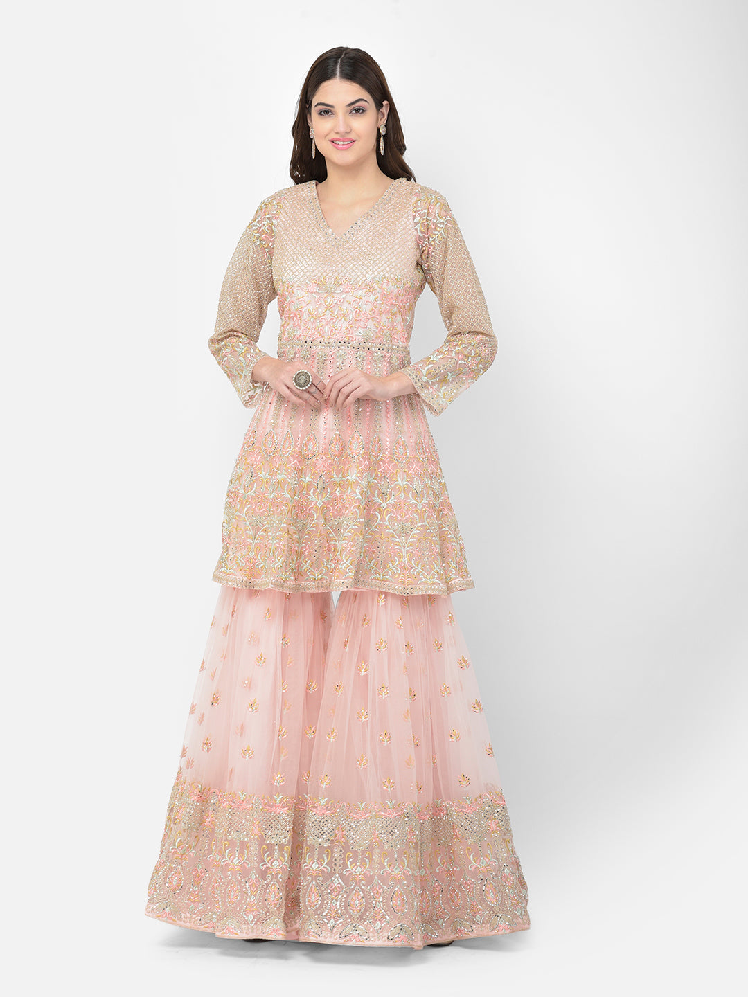 Neerus Orange net embroidered sharara set - side view