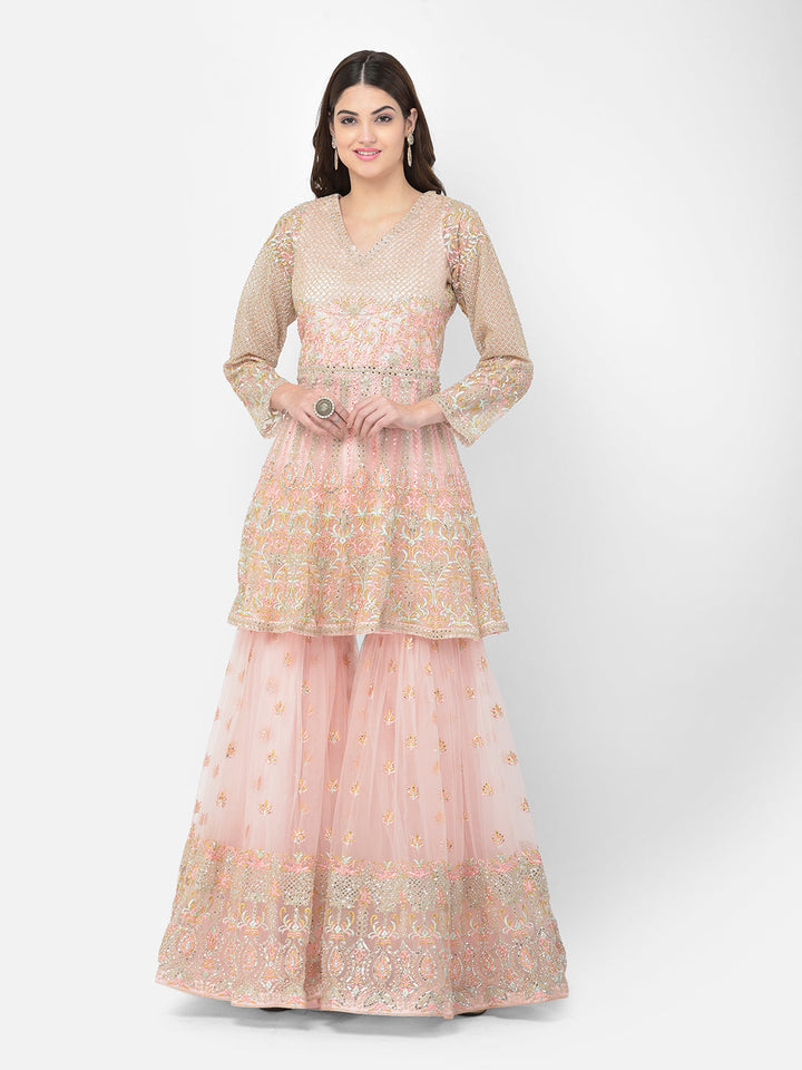 Neerus Orange net embroidered sharara set - side view