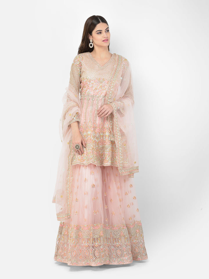 Neerus Orange net embroidered sharara set - front view