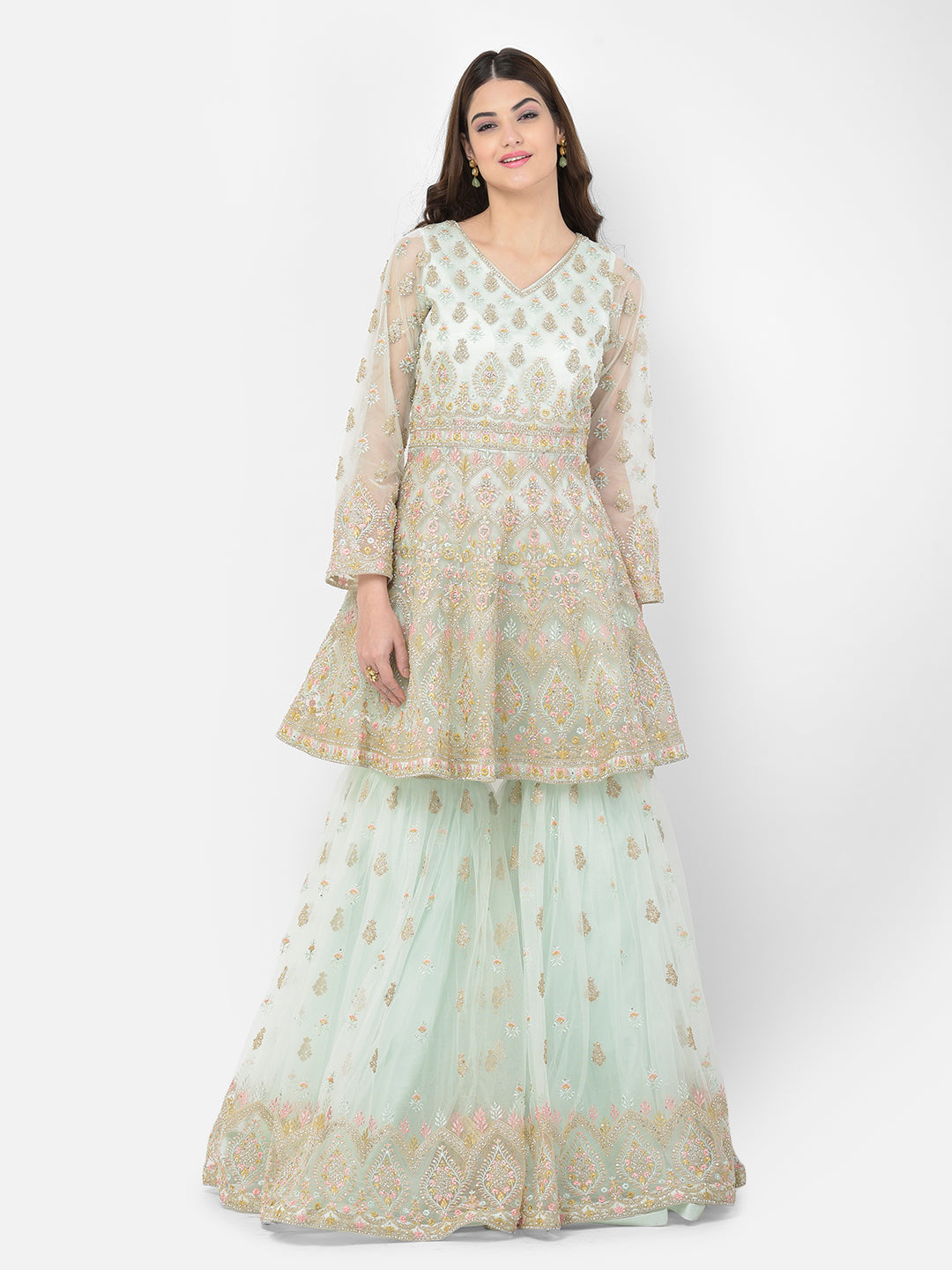 Neerus Green net embroidered sharara set - detail view 8