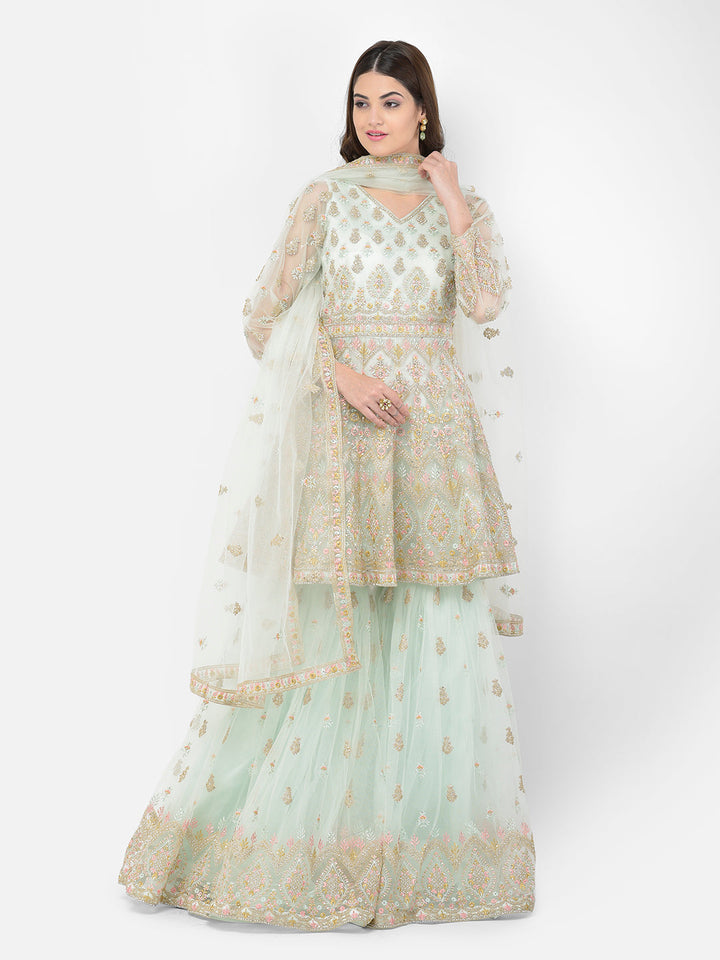 Neerus Green net embroidered sharara set - detail view 15