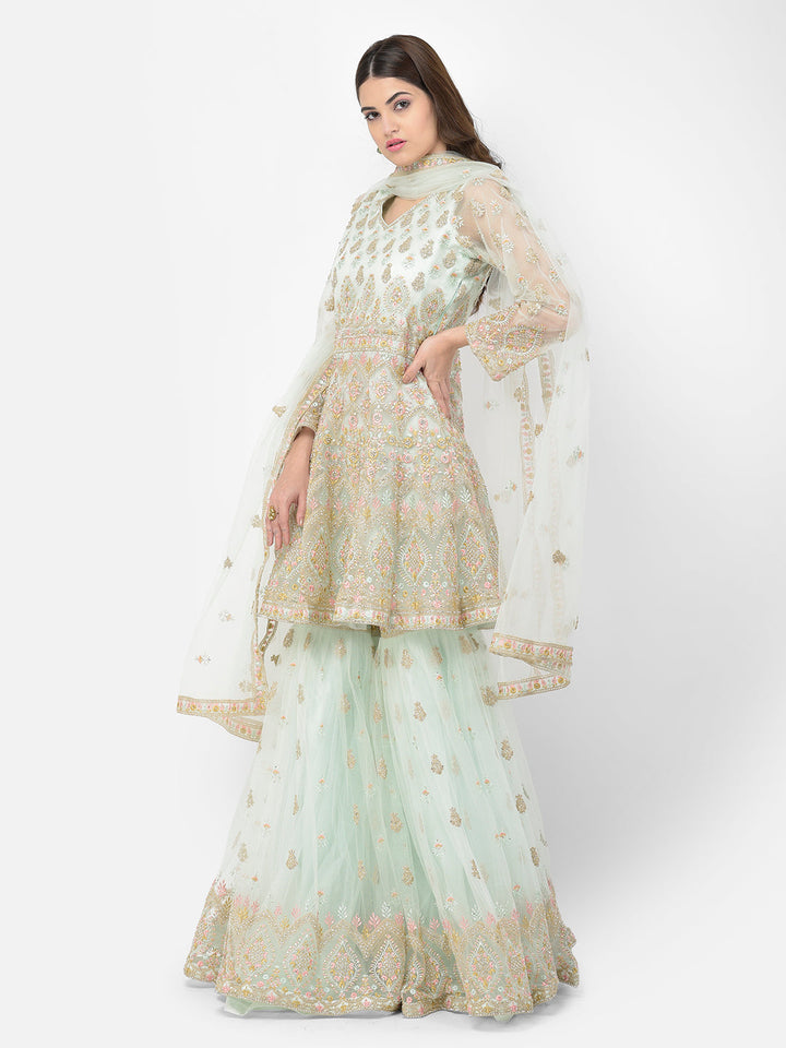 Neerus Green net embroidered sharara set - detail view 1