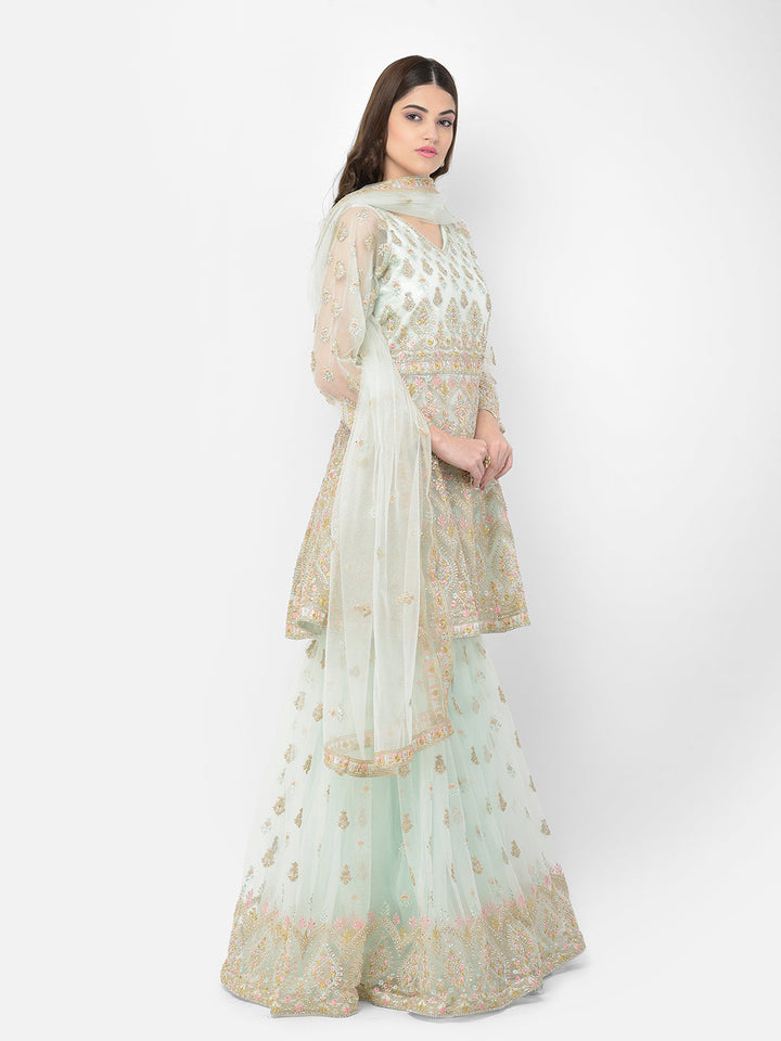 Neerus Green net embroidered sharara set - detail view 2