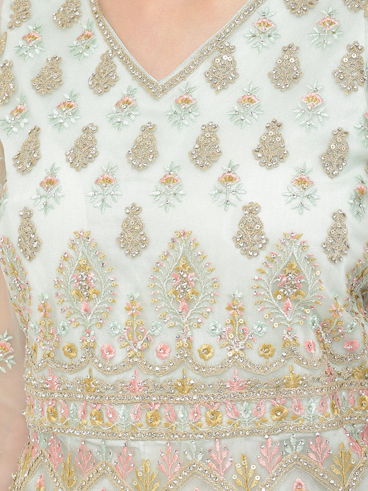 Neerus Green net embroidered sharara set - detail view 4