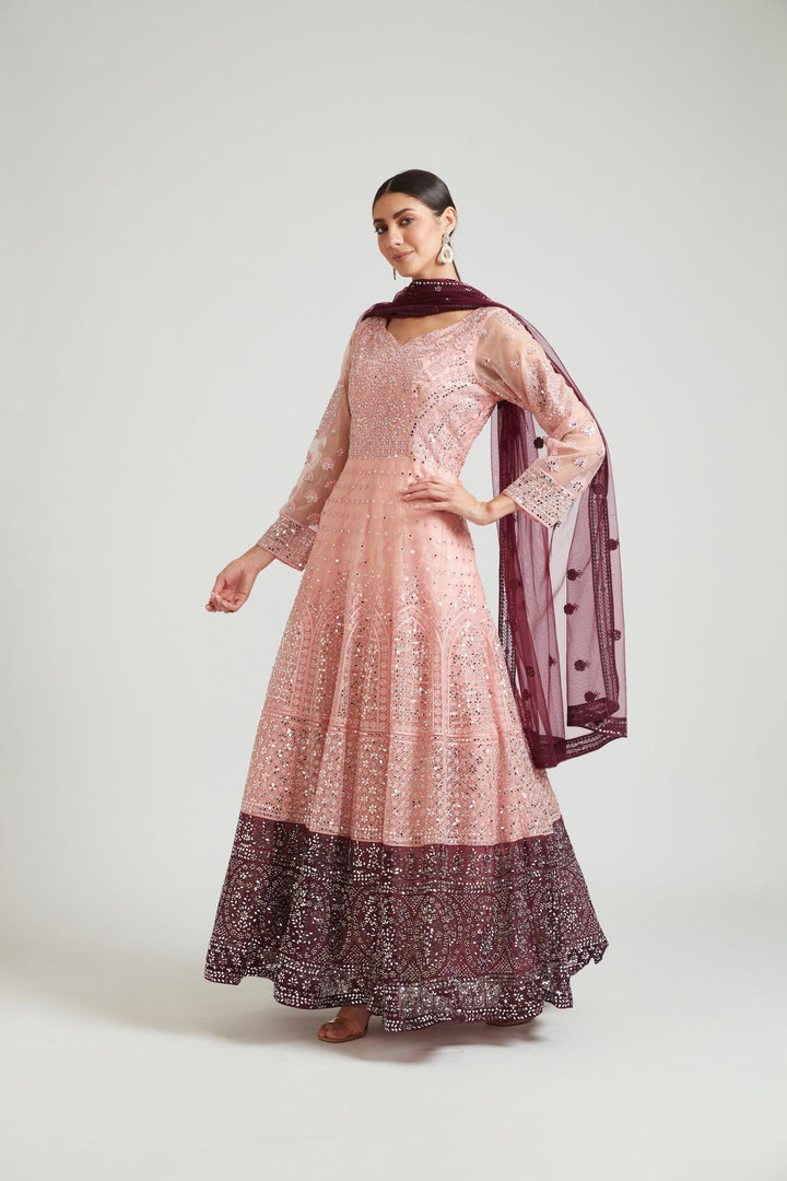 Neerus Orange net embroidered dress - front view