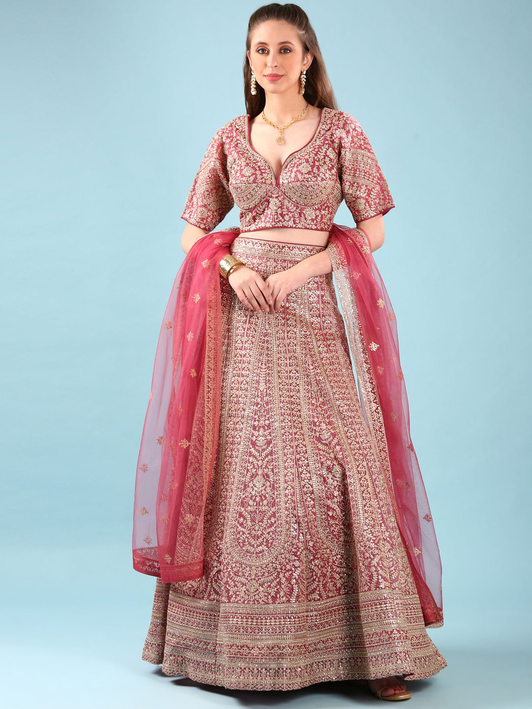 Neerus Pink net hand embroidered lehenga set - front view