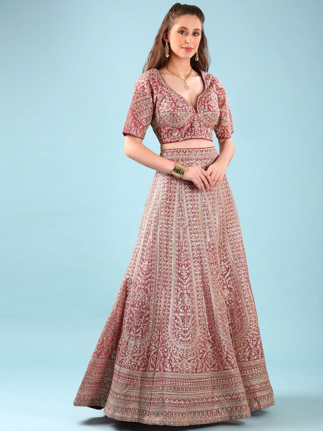 Neerus Pink net hand embroidered lehenga set - back view