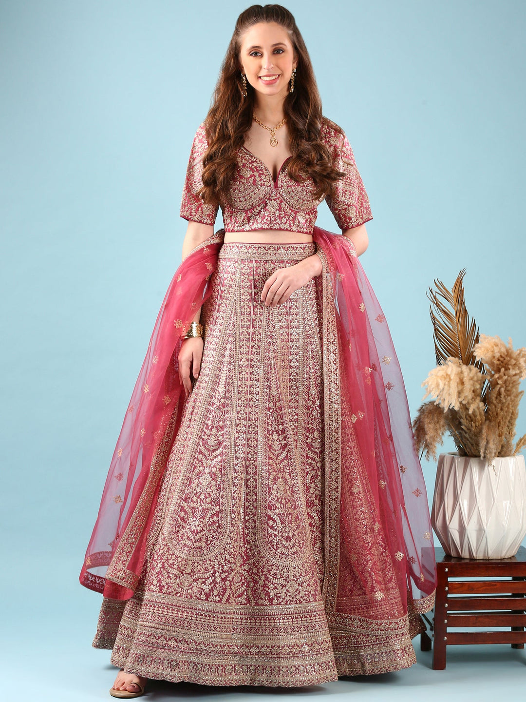 Neerus Pink net hand embroidered lehenga set - detail view 2