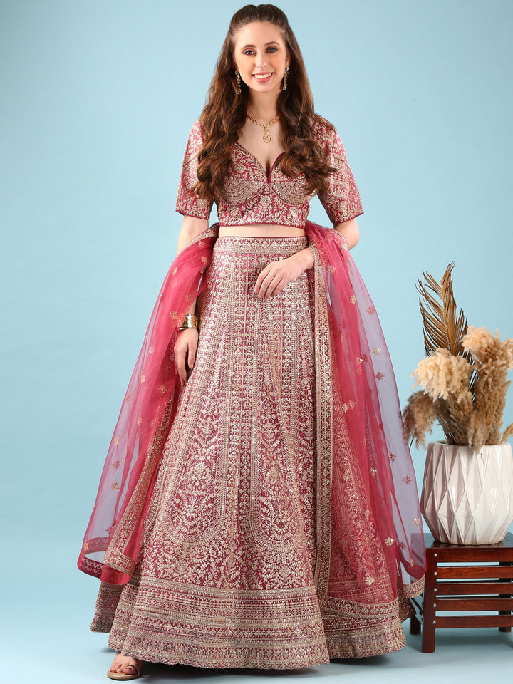 Onion Pink Net Hand Embroidery Ghagra Set