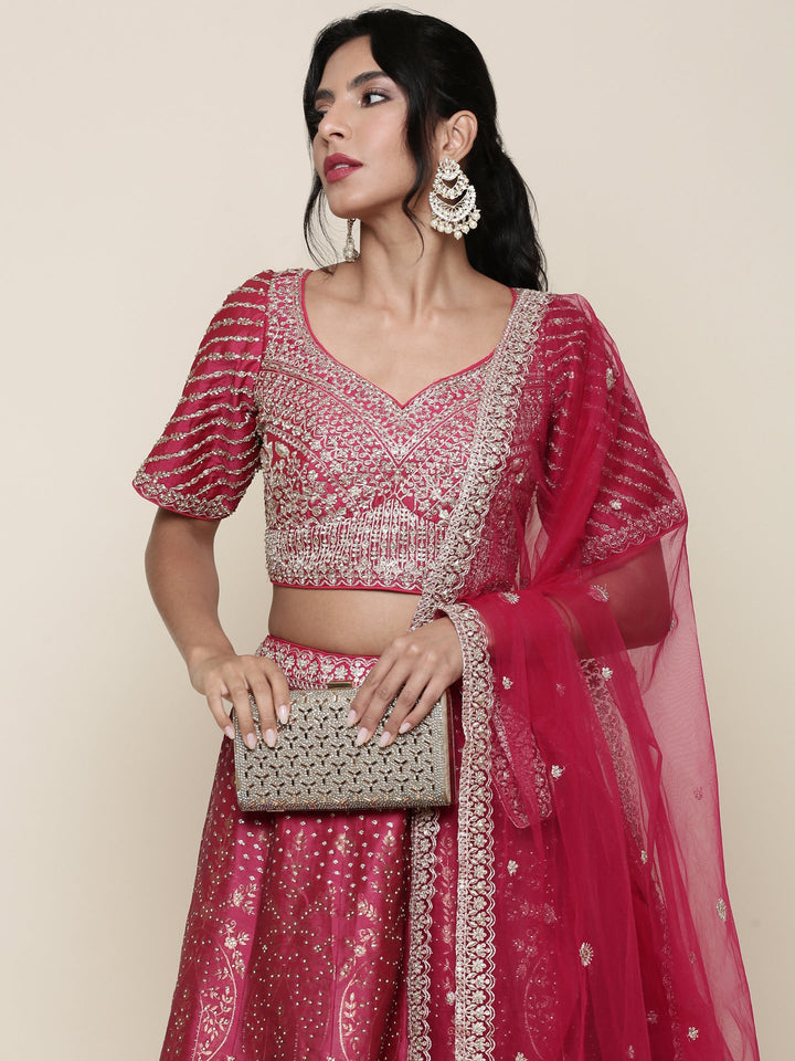 Neerus Pink Banarasi embroidered lehenga set - back view