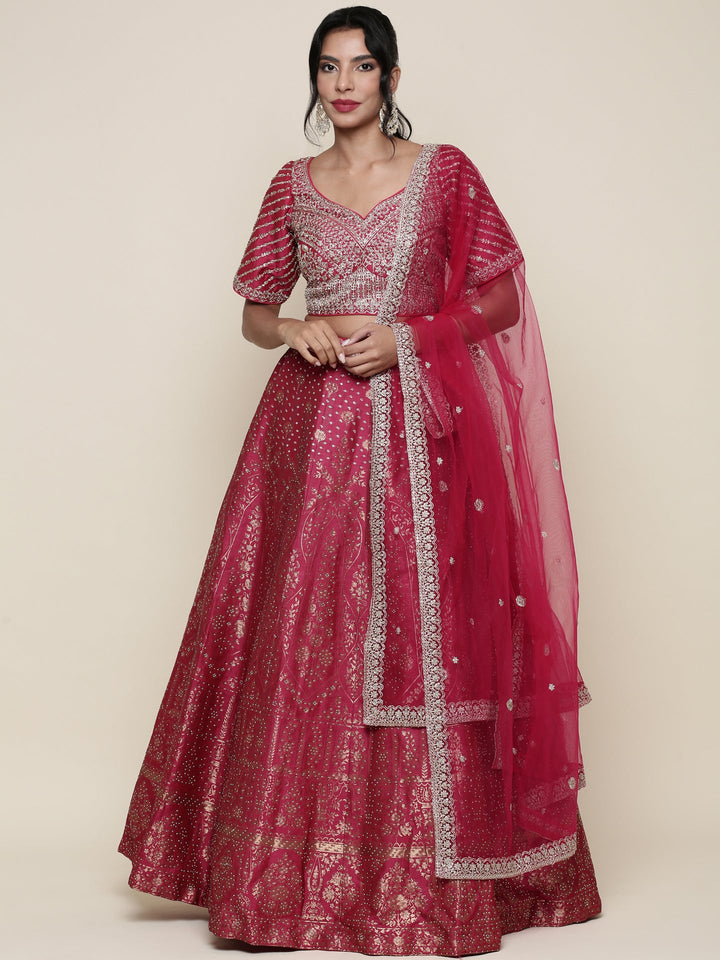 Neerus Pink Banarasi embroidered lehenga set - front view