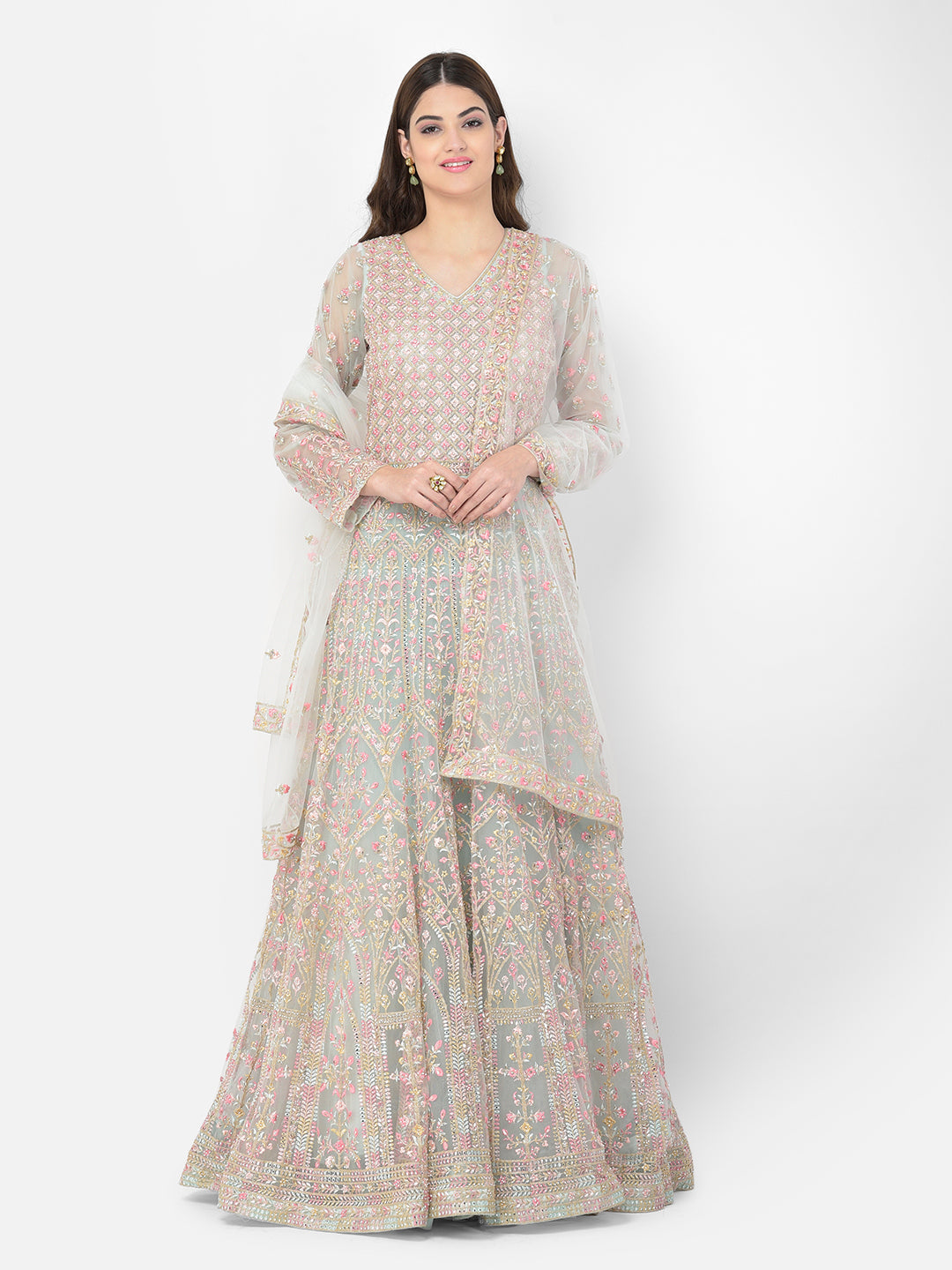Neerus Green net embroidered suit set - front view