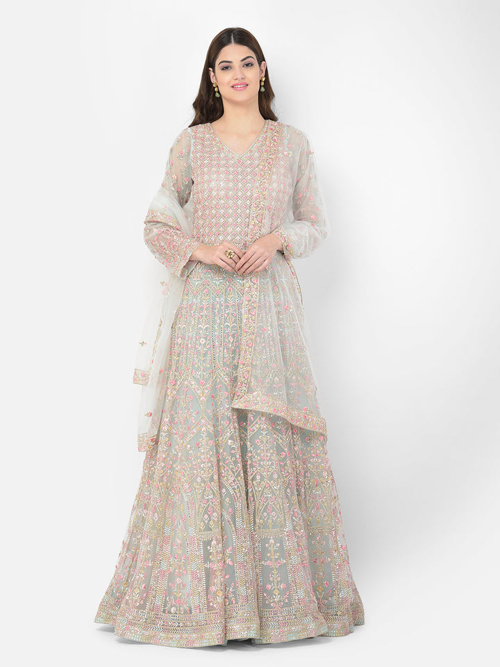 Neerus Green net embroidered suit set - detail view 5