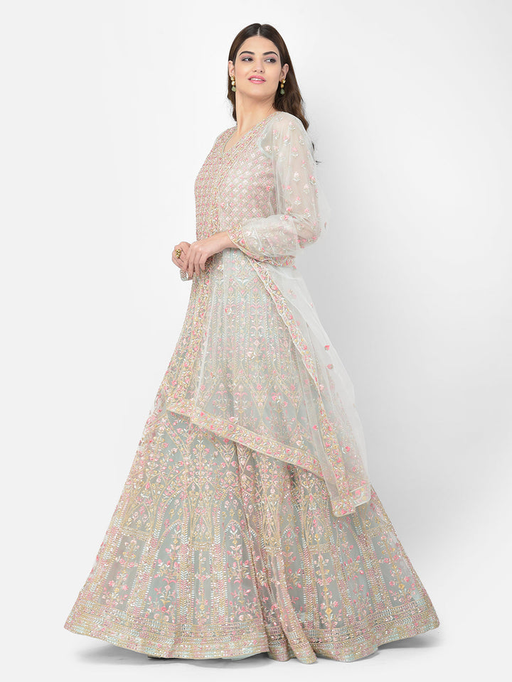 Neerus Green net embroidered suit set - detail view 1