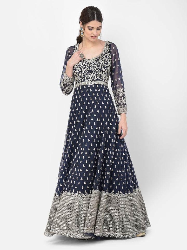 Neerus Blue net embroidered gown - front view