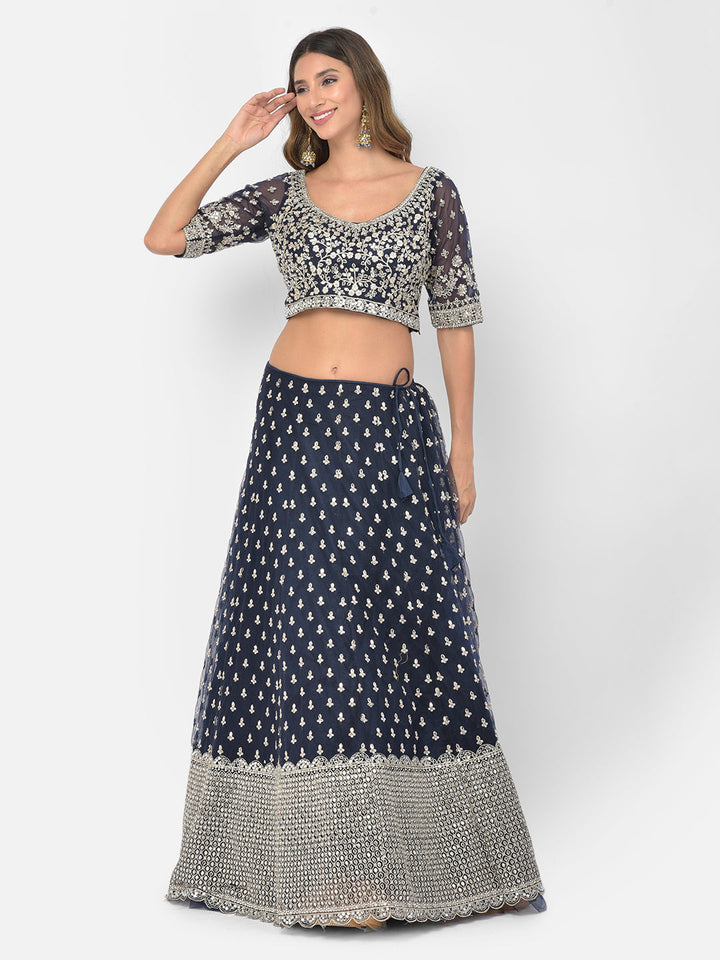 Neerus Blue net embellished lehenga choli set - detail view 5