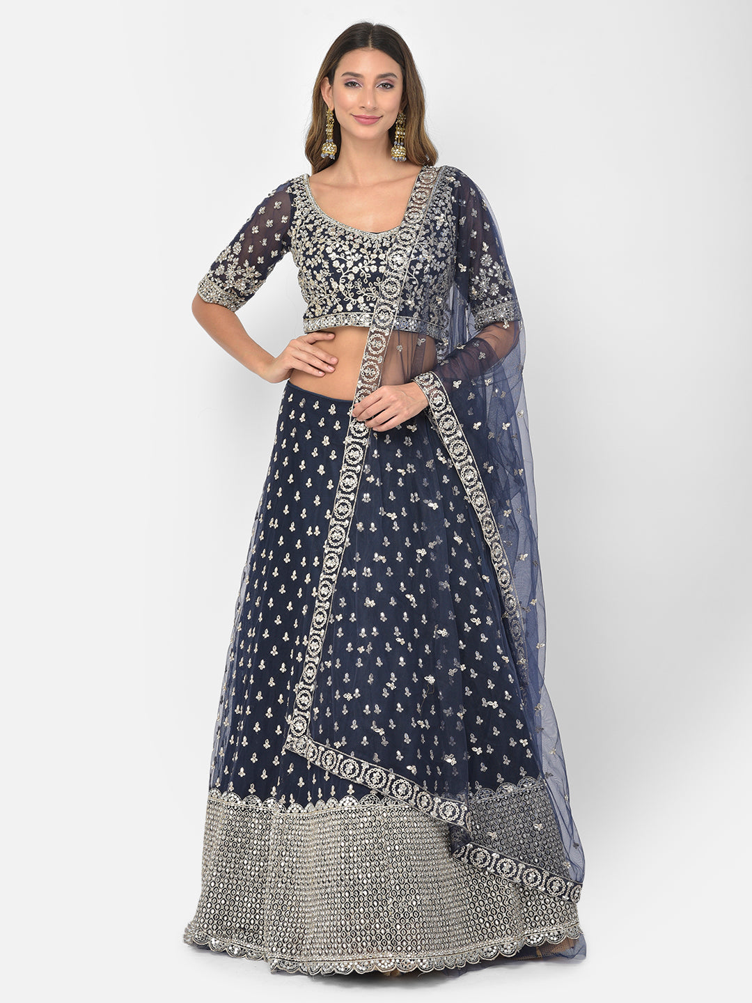 Neerus Blue net embellished lehenga choli set - front view