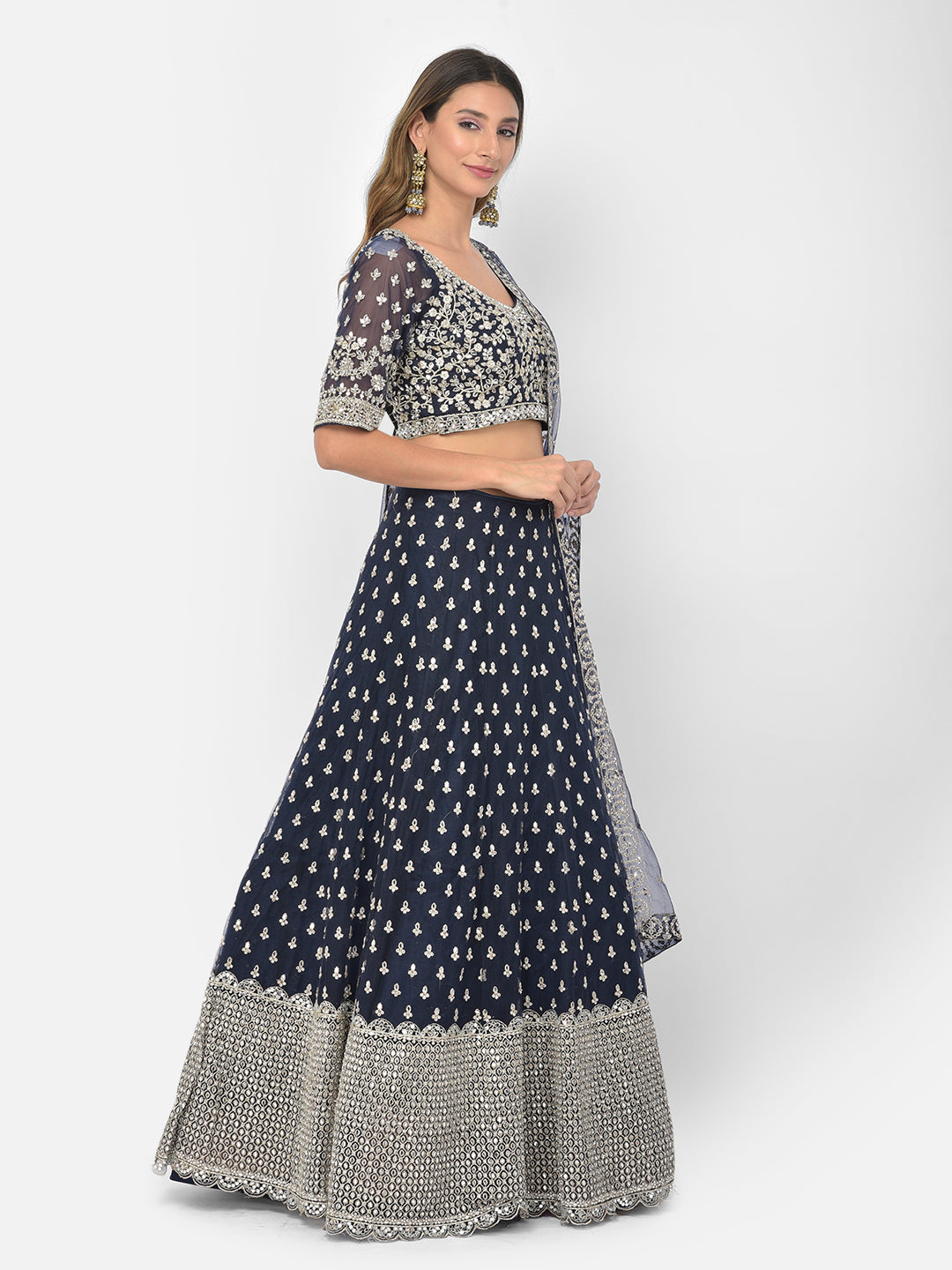 Neerus Blue net embellished lehenga choli set - back view