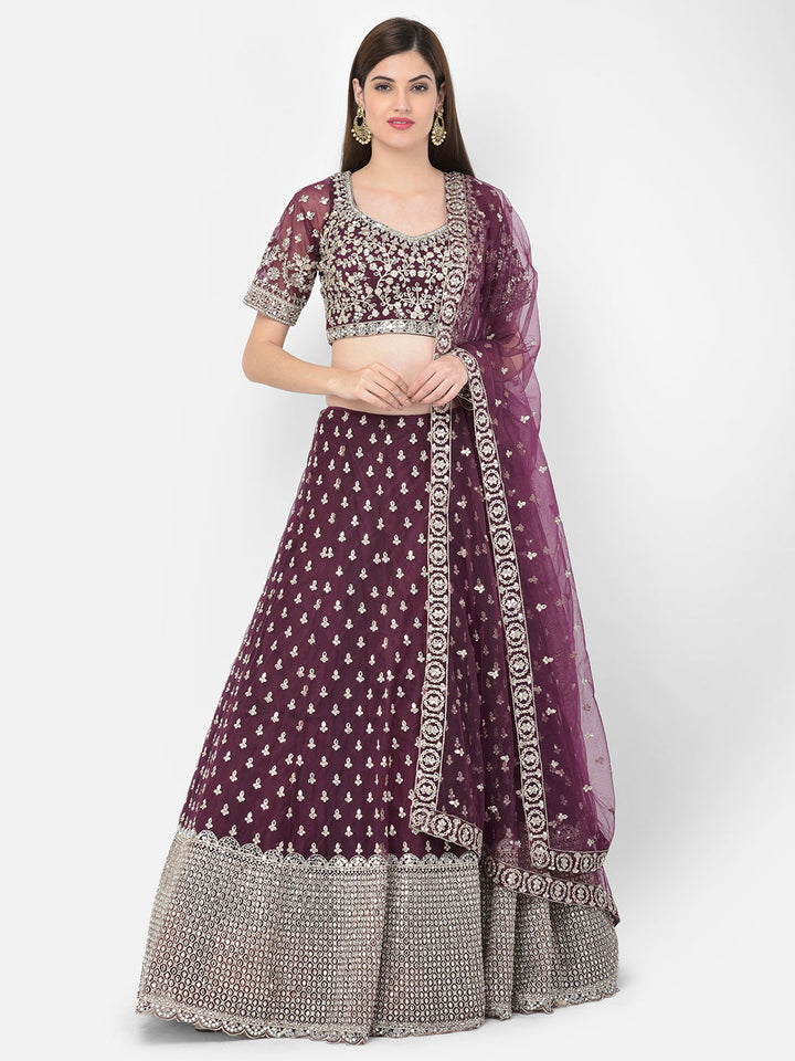 Neerus Maroon net mirror work lehenga choli set - detail view 5