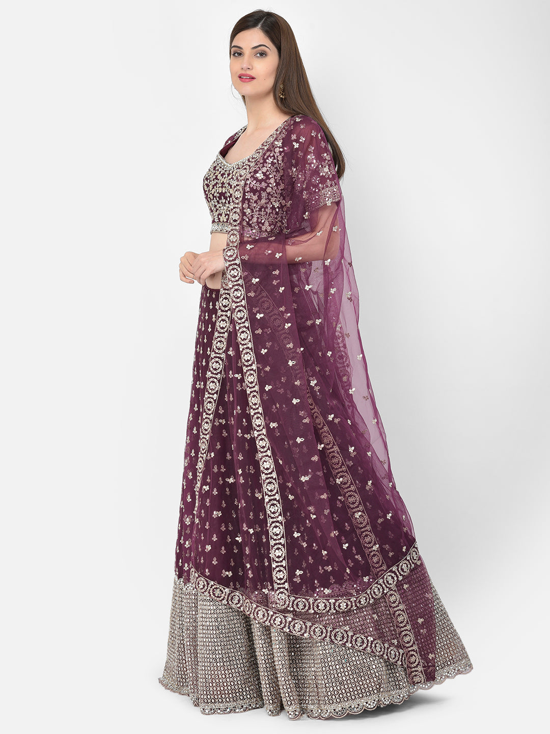 Neerus Maroon net mirror work lehenga choli set - front view