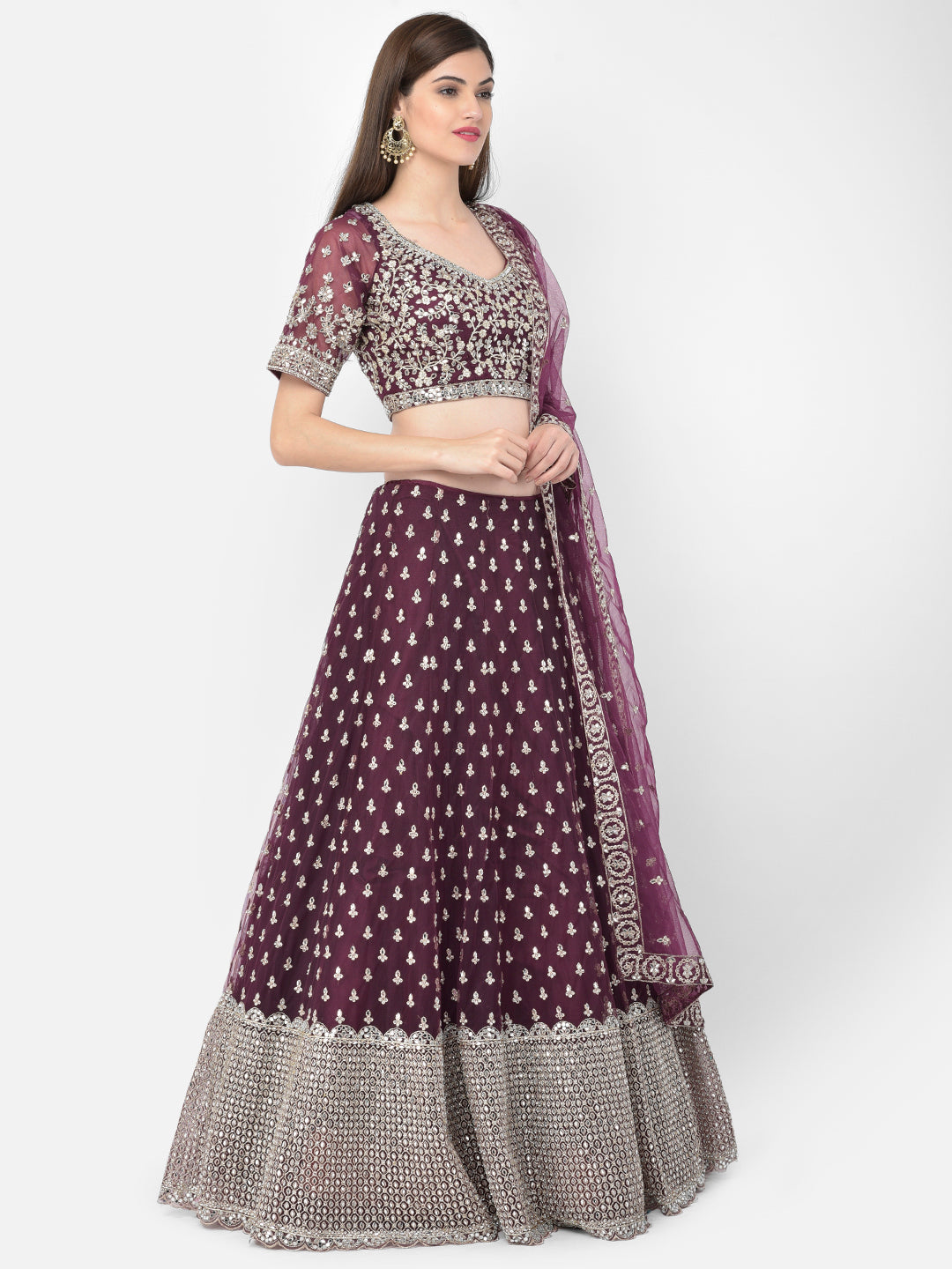 Neerus Maroon net mirror work lehenga choli set - back view