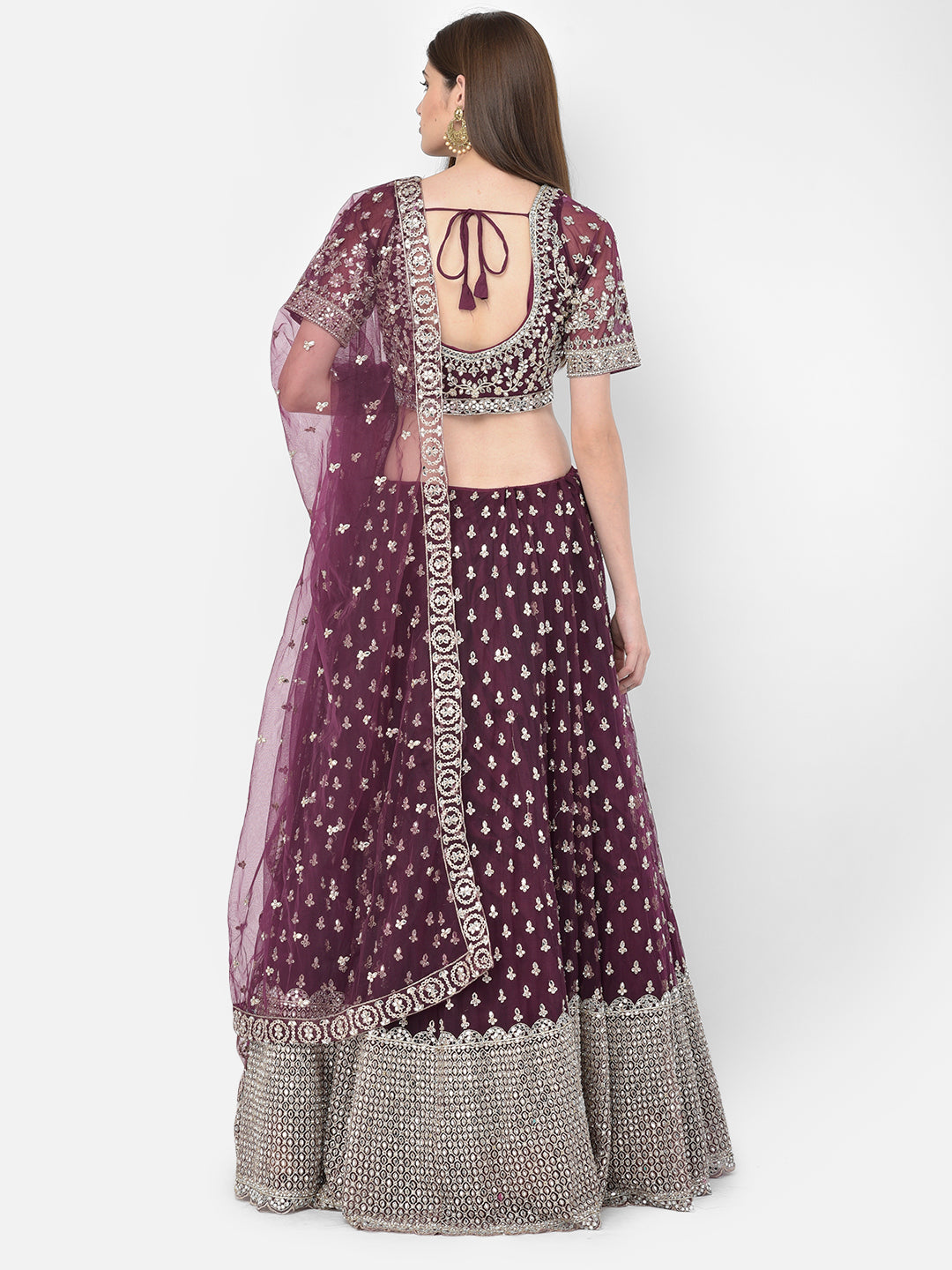 Neerus Maroon net mirror work lehenga choli set - side view