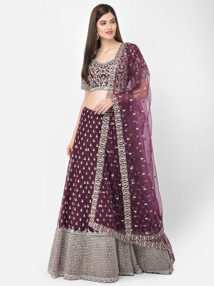 Neerus Maroon net mirror work lehenga choli set - detail view 2